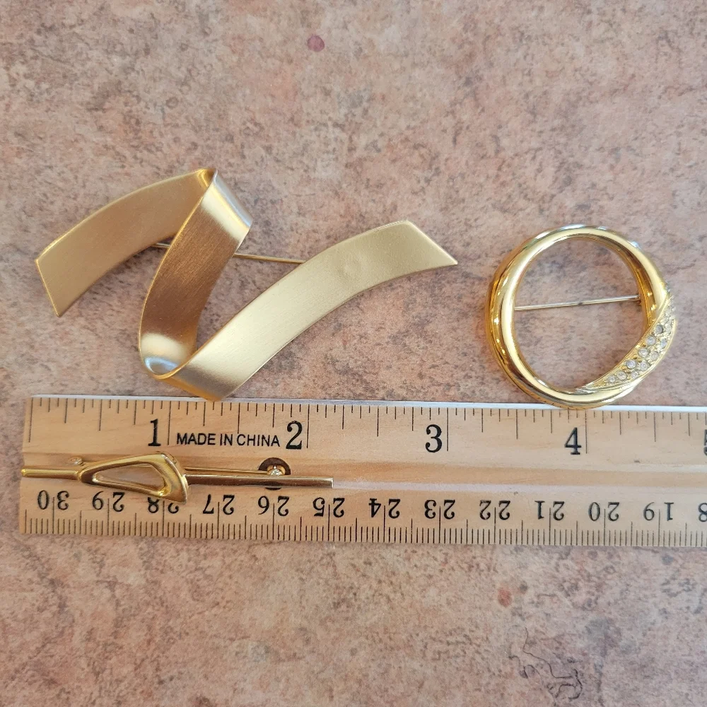 Trio of Monet Brooches ~ 1990s ~ Y2K ~ Gold-tone ~ Abstract ~ Rhinestone…
